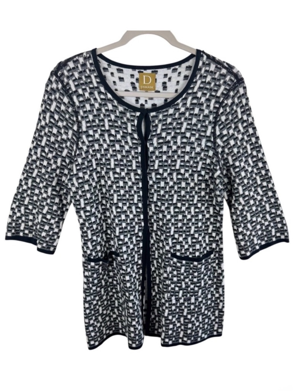 DAMASK Women's Black White Geometric Knit 3/4 Sleeve Snap Up Cardigan Sweater M